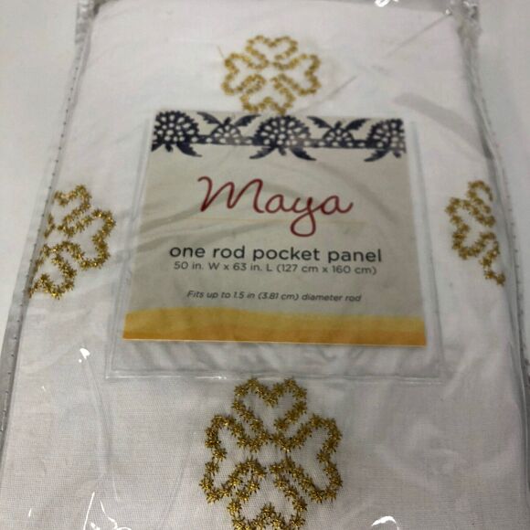 Maya Rod Pocket 63" Window Curtain Panel White Gold Floral Pattern 1 Panel - Picture 3 of 9